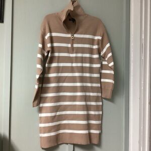 Steve Madden Sweater Dress Striped MediumKnit Long SleveZip Neck Ivory White NEW
